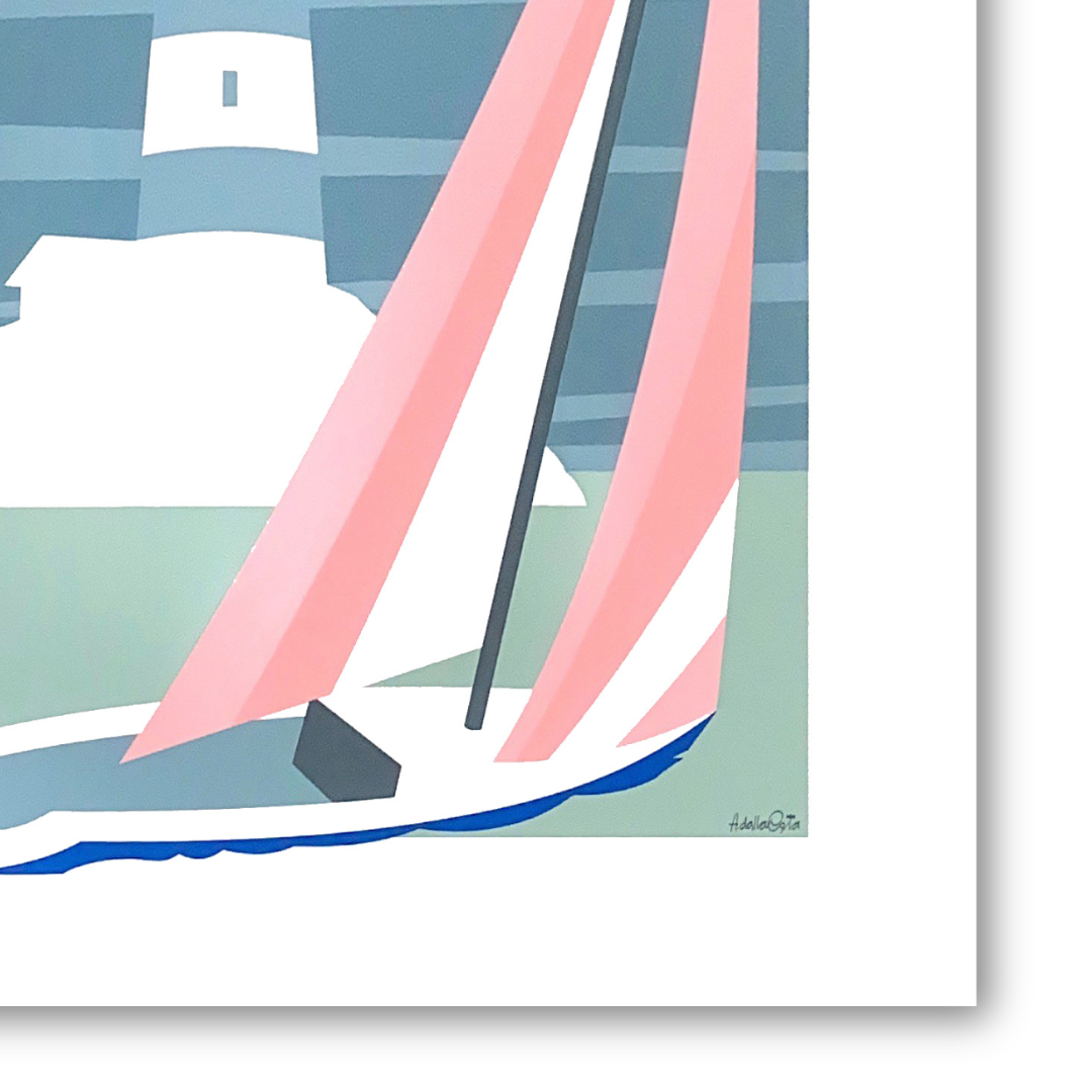 Dettaglio Quadro Serigrafia 'Il Faro' di Amleto dalla Costa, arte nautica con un faro e barca a vela, parte della prestigiosa Collezione Emozione Vela, 42x64 cm.