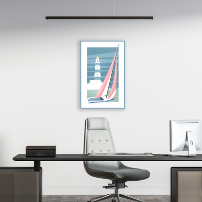 Ambientazione Quadro Serigrafia 'Il Faro' di Amleto dalla Costa, arte nautica con un faro e barca a vela, parte della prestigiosa Collezione Emozione Vela, 42x64 cm.