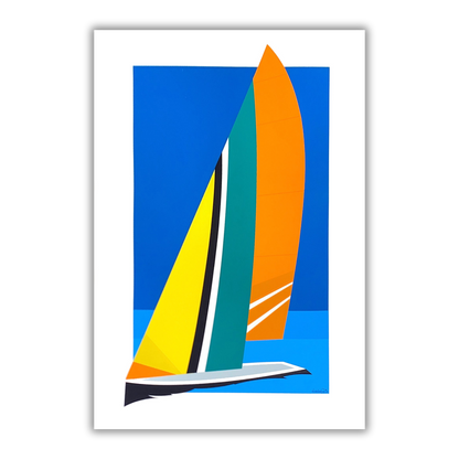 Quadro Serigrafia LEVANTE di Amleto Dalla Costa dalla Collezione EMOZIONE VELA, raffigurante barche a vela colorate con tocchi artistici dinamici che evocano la libertà sull'acqua. F.to 42x64 cm.
