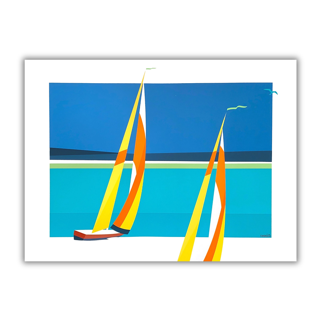 Quadro Serigrafia 'MIKONOS' di Amleto Dalla Costa, con vivaci vele su mare blu, arte limitata che evoca l'isola greca e l'emozione della vela.