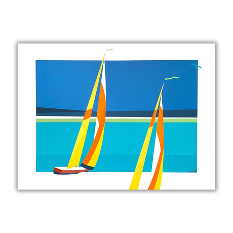 Quadro Serigrafia 'MIKONOS' di Amleto Dalla Costa, con vivaci vele su mare blu, arte limitata che evoca l'isola greca e l'emozione della vela.