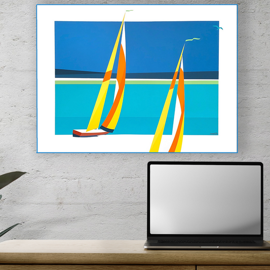 Ambientazione quadro Serigrafia 'MIKONOS' di Amleto Dalla Costa, con vivaci vele su mare blu, arte limitata che evoca l'isola greca e l'emozione della vela.