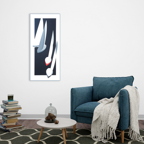 Ambientazione quadro Serigrafia "Punto di Rosso" di Amleto Dalla Costa, dinamismo e passione nella Collezione EMOZIONE VELA, perfetta per un arredo sofisticato.