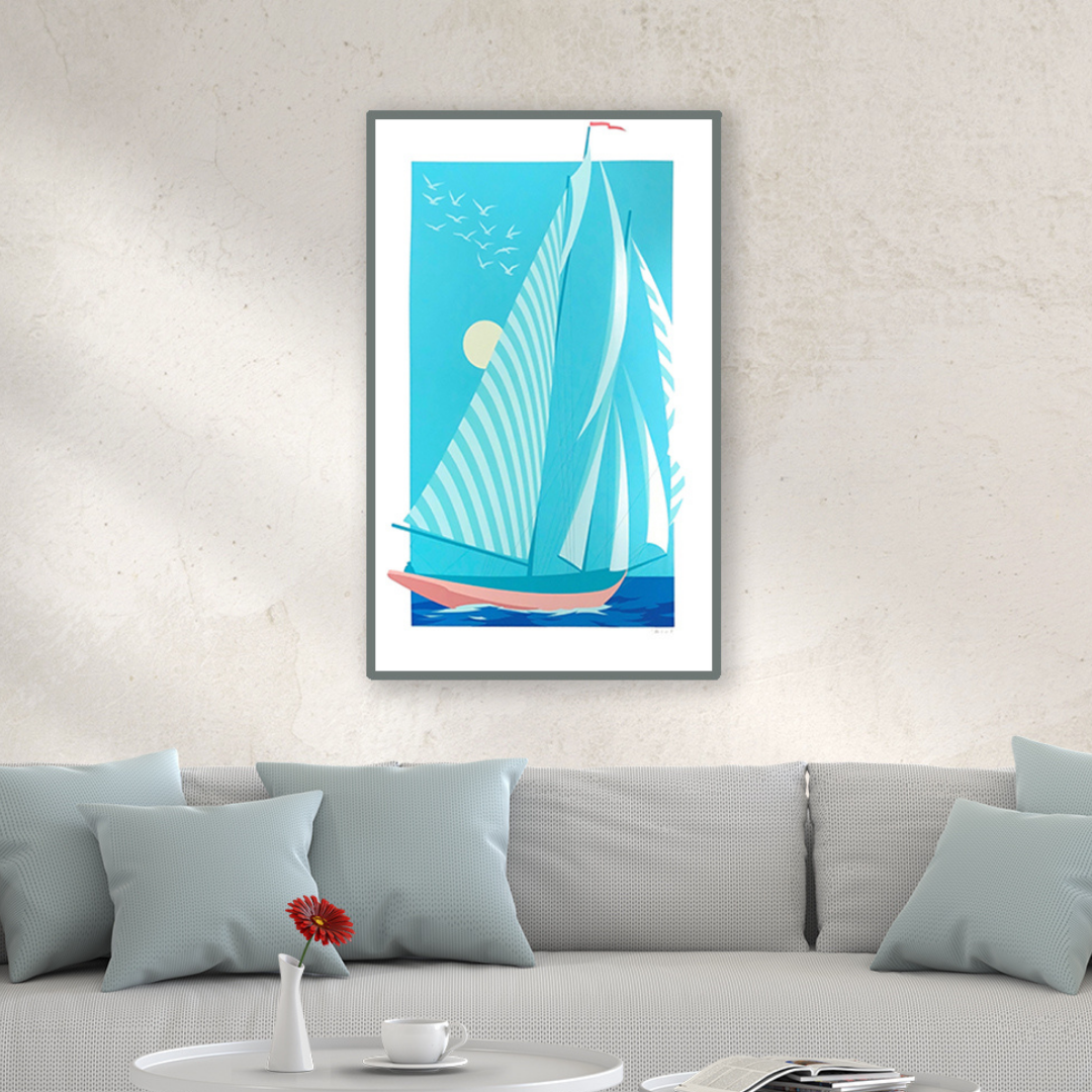 Ambientazione Quadro Serigrafia "Scirocco" - Serigrafia vivace di Amleto Dalla Costa, che incarna la forza e il colore del vento mediterraneo, dalla Collezione EMOZIONE VELA.