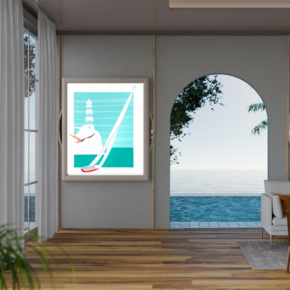 Ambientazione Serigrafia elegante 'Punta Stella' di Amleto dalla Costa, con vela e faro, pezzo firmato e numerato della Collezione Emozione Vela.