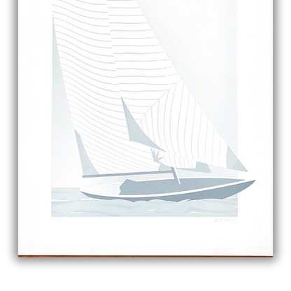 Dettaglio Serigrafia firmata 'Bastia' di Amleto dalla Costa, con vela e mare calmo, parte della Collezione Emozione Vela, formato 50x84 cm.