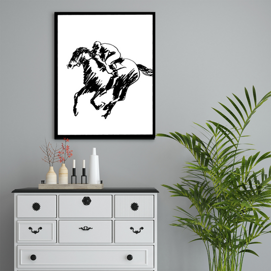 Ambientazione Serigrafia 'Galloping horse on the left' di Amleto Dalla Costa, parte della collezione Black & White Horses, perfetta per gli amanti dell'arte.