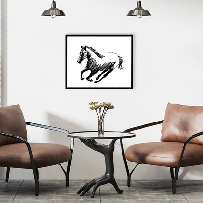 Ambientazione quadro Serigrafia 'Trotting Horse on the left' di Amleto Dalla Costa, parte della collezione Black&White Horses, arte di impatto visivo."