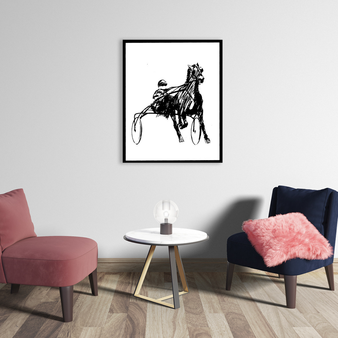 Ambientazione Sala lettura Quadro Serigrafia 'Trotting Horse' dalla Black & White Horses Collection di Amleto Dalla Costa, arte minimale che esprime eleganza e dinamismo.