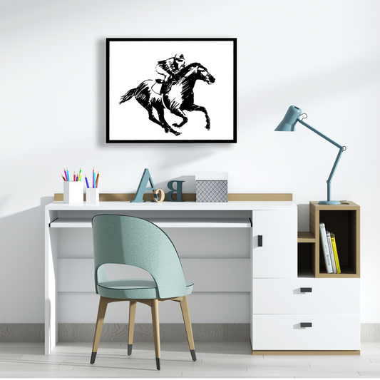 Ambientazione quadro Serigrafia di un cavallo galoppante di Amleto Dalla Costa, parte della collezione Black&White Horses, esprime libertà e forza.