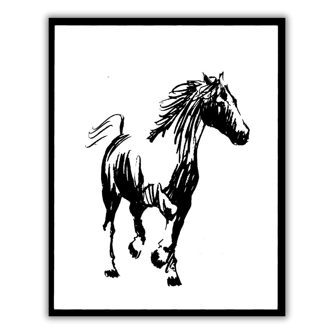 Quadro Serigrafia 'Walking Horse on the Right' di Amleto Dalla Costa, arte equina in bianco e nero che esprime tranquillità e bellezza.