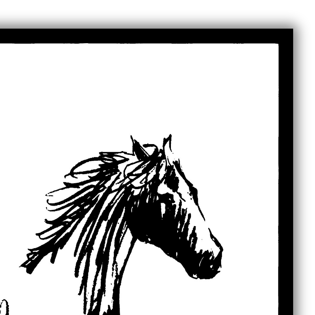 Dettaglio quadro Serigrafia 'Walking Horse on the Right' di Amleto Dalla Costa, arte equina in bianco e nero che esprime tranquillità e bellezza.