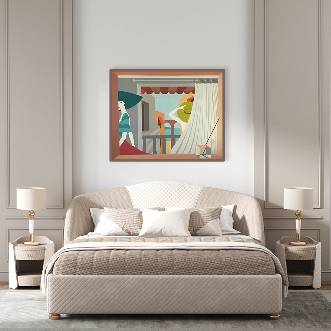 Ambientazione Dipinto originale, Opera d'Arte  'Vacanza a Posillipo' di Amleto Dalla Costa, pezzo unico che evoca l'estate e il relax sulla Costiera italiana