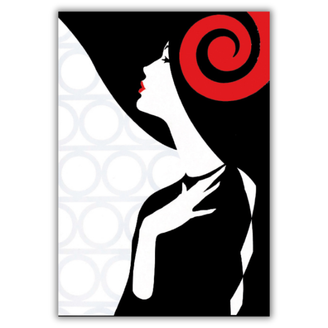 Quadro serigrafia su seta Stampa artistica 'Nostalgia' di Amleto Dalla Costa, raffigurante il profilo di una donna in bianco e nero con accenti rossi, simbolo di eleganza e reminiscenza.