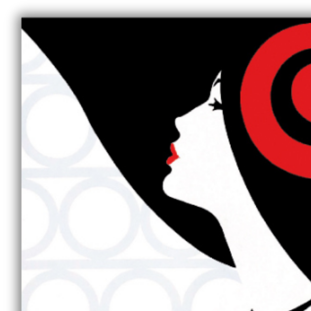 Dettaglio Quadro serigrafia su seta Stampa artistica 'Nostalgia' di Amleto Dalla Costa, raffigurante il profilo di una donna in bianco e nero con accenti rossi, simbolo di eleganza e reminiscenza.