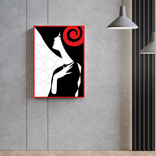 Ambientazione Quadro serigrafia su seta Stampa artistica 'Nostalgia' di Amleto Dalla Costa, raffigurante il profilo di una donna in bianco e nero con accenti rossi, simbolo di eleganza e reminiscenza.