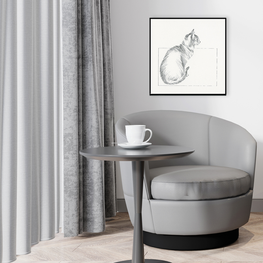 Stampa in bianco e nero di gatto in salotto elegante