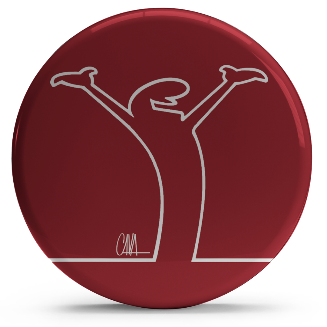 Bollino adesivo rosso con figura stilizzata esultante