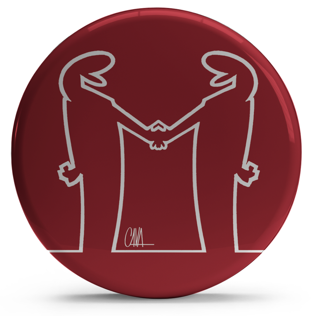 Bollino adesivo rosso con due figure stilizzate che si stringono la mano