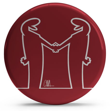 Bollino adesivo rosso con due figure stilizzate che si stringono la mano