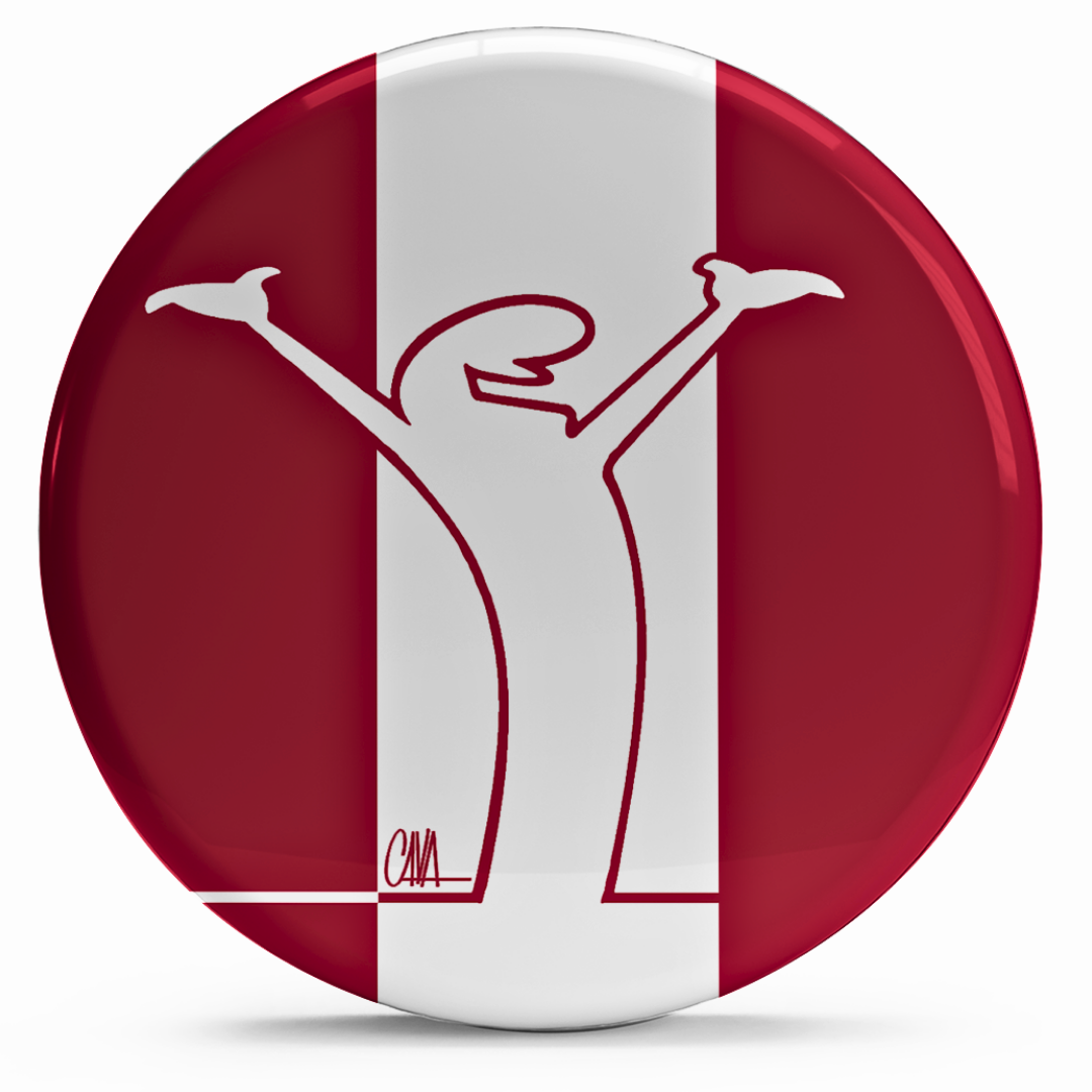 Bollino adesivo rosso e bianco con figura stilizzata esultante