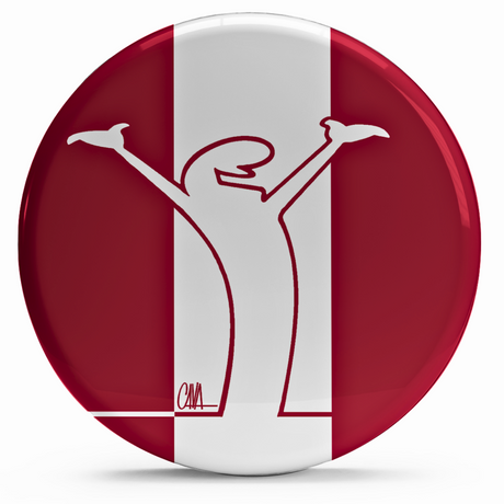 Bollino adesivo rosso e bianco con figura stilizzata esultante