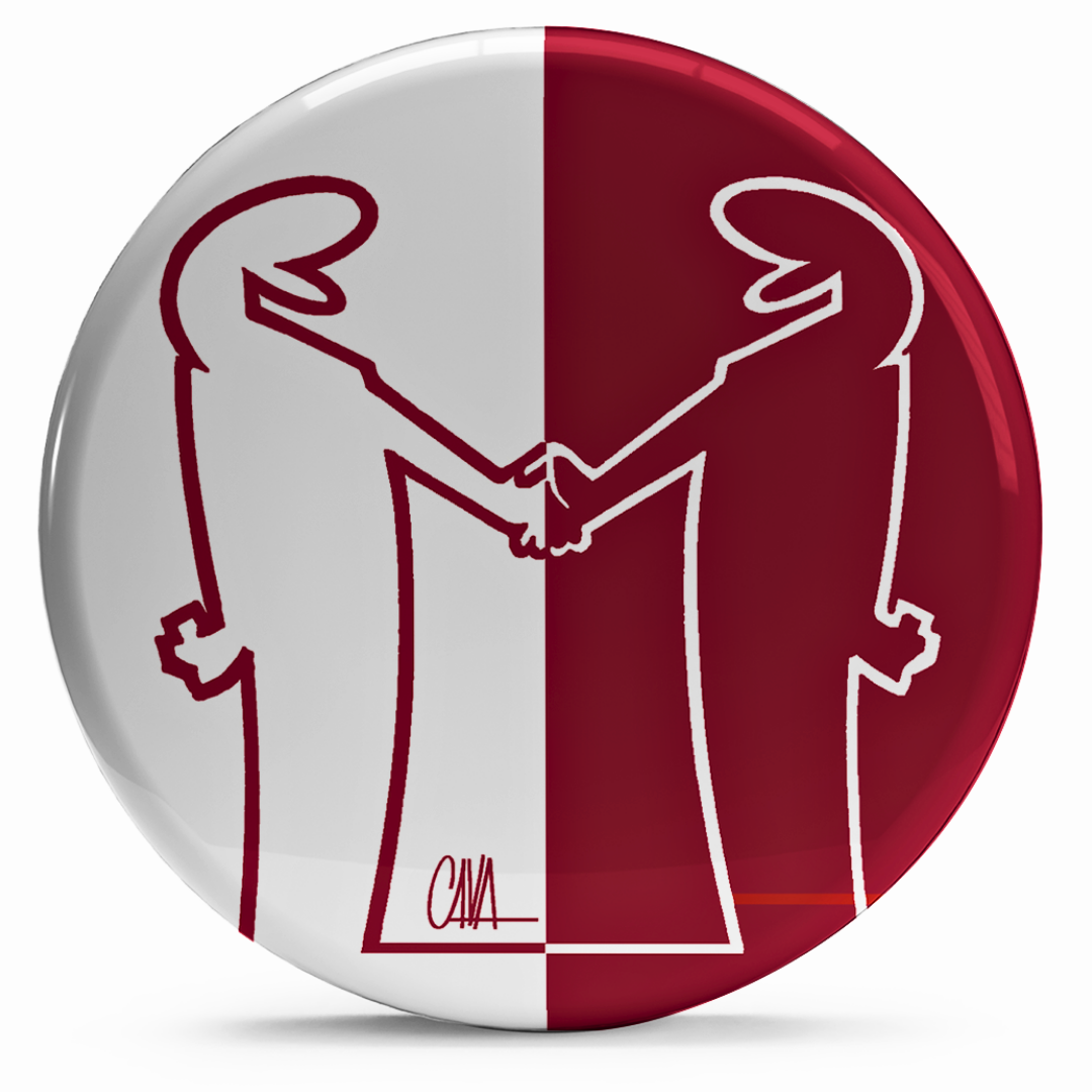 Bollino adesivo rosso e bianco con due figure stilizzate che si stringono la mano