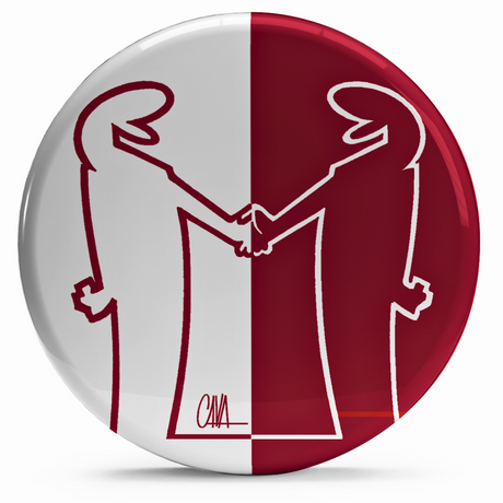 Bollino adesivo rosso e bianco con due figure stilizzate che si stringono la mano