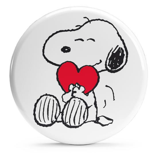 Bollino adesivo di Snoopy con cuore rosso, diametro 2,5 cm, da collezione Peanuts, ideale per esprimere affetto e amore.