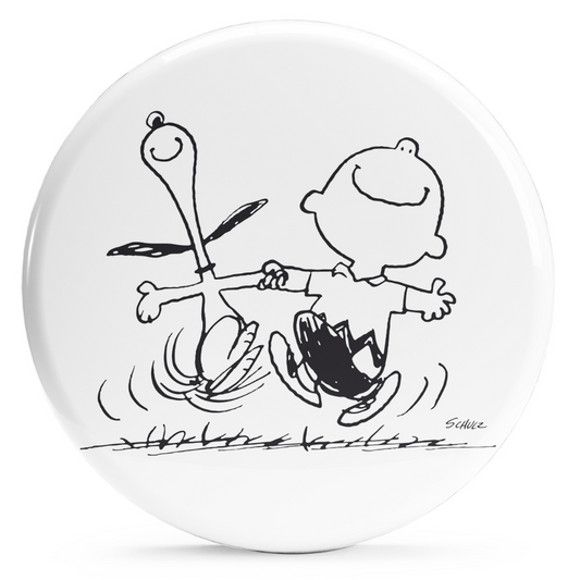 Bollino adesivo di Charlie Brown e Snoopy che ballano, diametro 2,5 cm, esprime la gioia e l'allegria dei Peanuts.