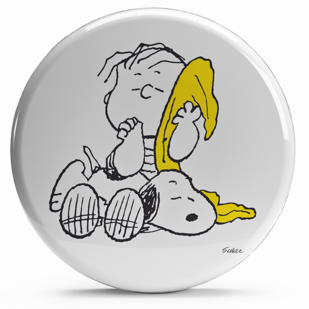 Bollino adesivo di Linus con la sua coperta gialla, diametro 2,5 cm, simbolo di comfort dei Peanuts.