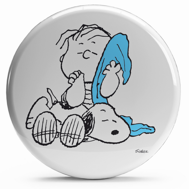 Bollino adesivo Linus e Snoopy con coperta blu
