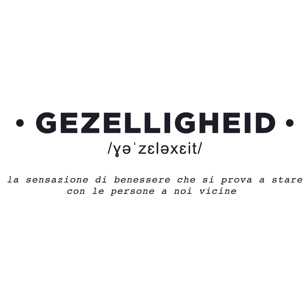 Sticker da muro 'Gezelligheid' rappresentante la convivialità olandese con traduzione italiana, perfetto per un ambiente accogliente.