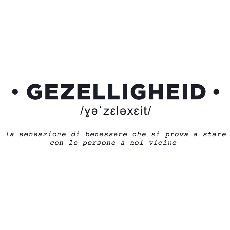 Sticker da muro 'Gezelligheid' rappresentante la convivialità olandese con traduzione italiana, perfetto per un ambiente accogliente.