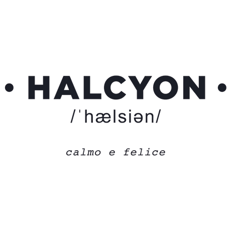 Adesivo murale 'HALCYON' con significato di calma e felicità, in una stanza ben arredata, che invita al relax.