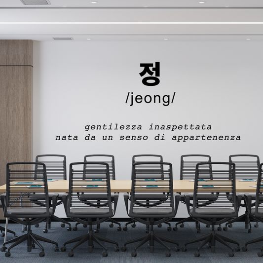 Ambientazione Sticker murale 'Jeong' che simboleggia la gentilezza e il calore inaspettato, perfetto per aggiungere un tocco di appartenenza e affetto coreano alla tua casa.
