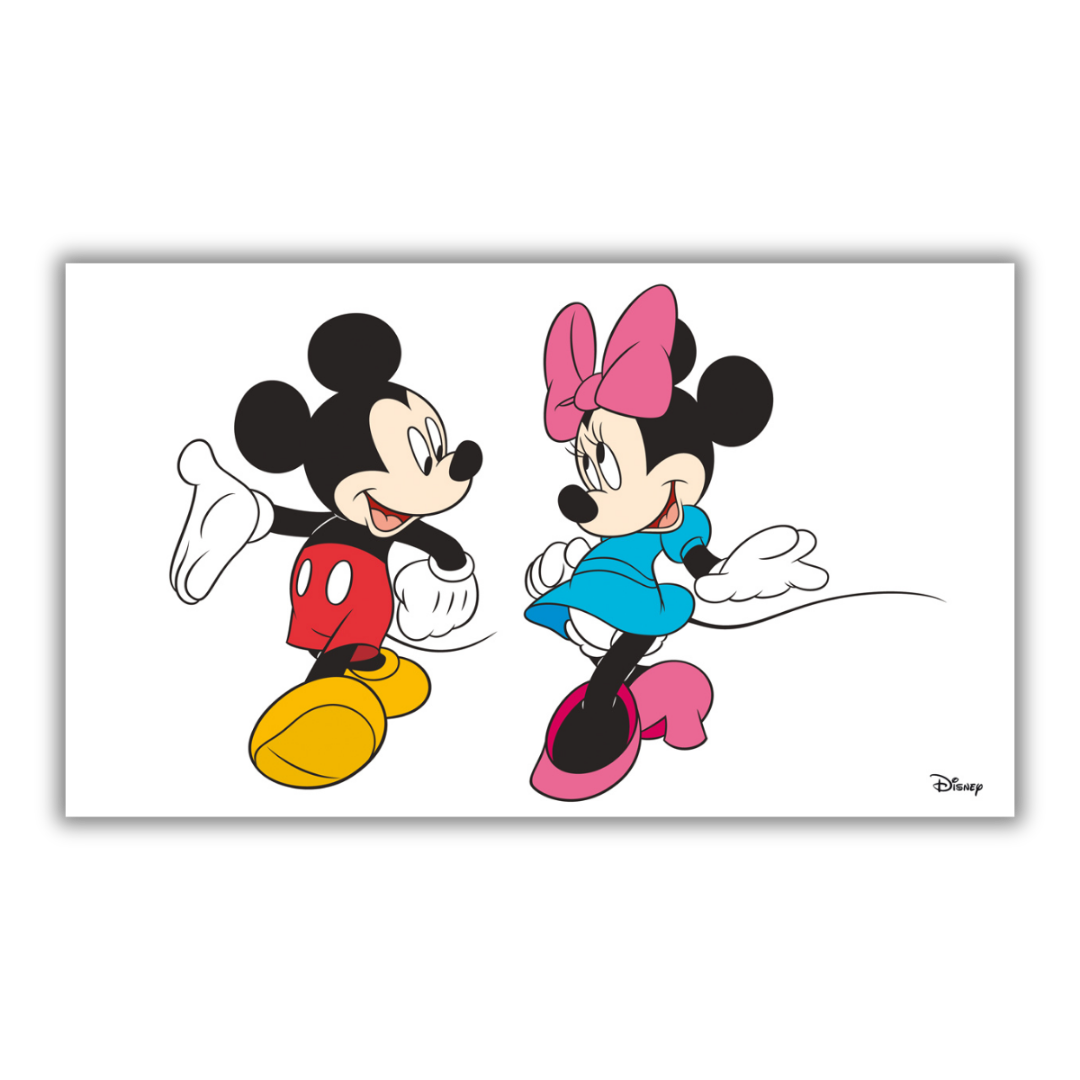 Quadro Stampa affettuosa di Topolino e Minnie mano nella mano, disponibile su tela e carta eco, ideale per un dolce tocco Disney.