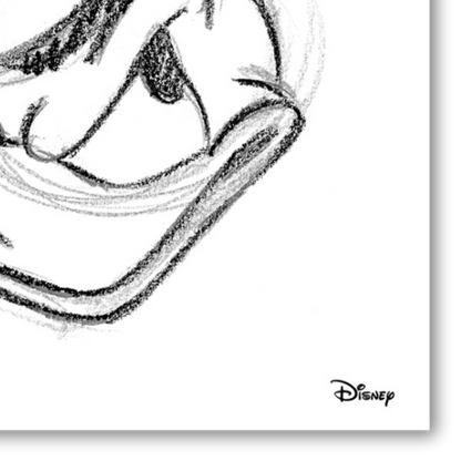 Dettaglio Quadro Schizzo artistico di Paperino in primo piano arrabbiato, stampa disponibile su tela e carta eco, per un autentico ritorno ai classici Disney.