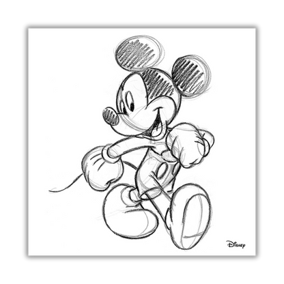 Quadro Schizzo artistico di Topolino in posa di passeggiata, stampa disponibile su tela e carta eco, per un autentico ritorno ai classici Disney.