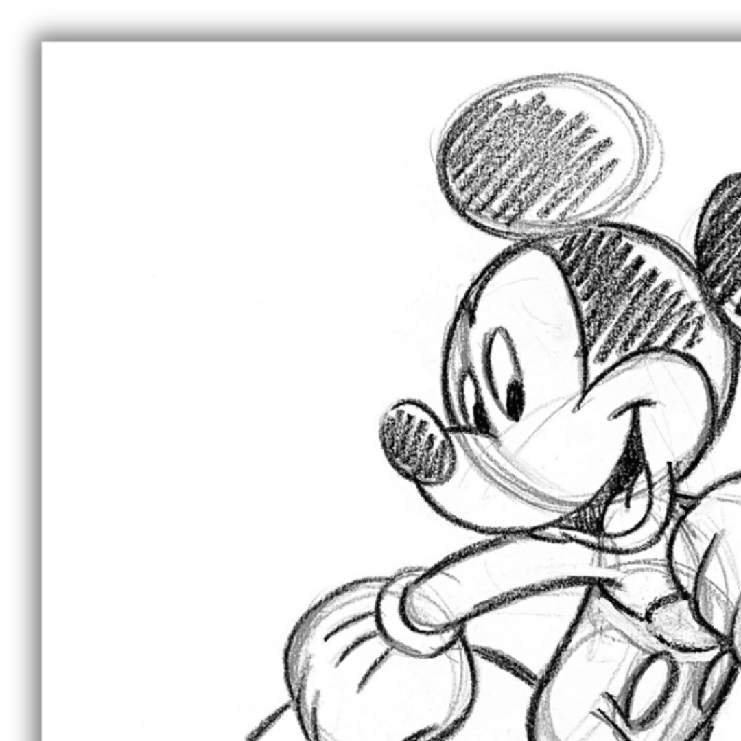 Dettaglio Schizzo artistico di Topolino in posa di passeggiata, stampa disponibile su tela e carta eco, per un autentico ritorno ai classici Disney.