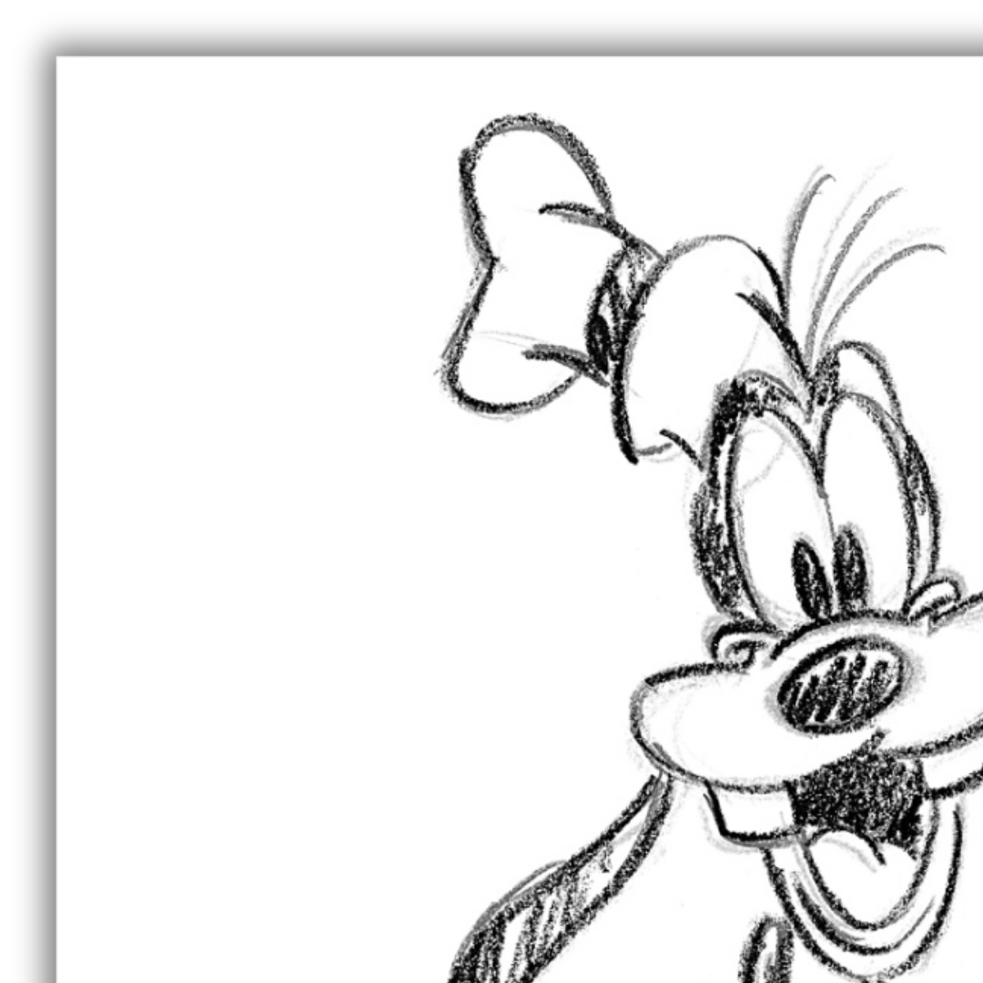 Dettaglio Quadro Stampa artistica di Pippo, schizzo a matita pieno di carattere, disponibile su tela e carta eco per appassionati dell'arte Disney