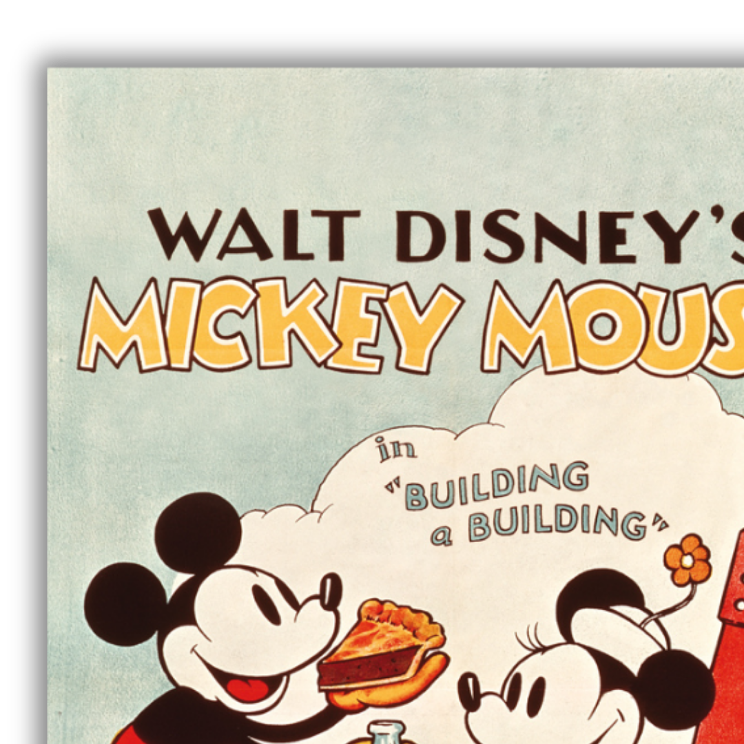 Dettaglio del Quadro tela 'Building a Building' raffigurante un classico momento Disney con Topolino e Minnie.
