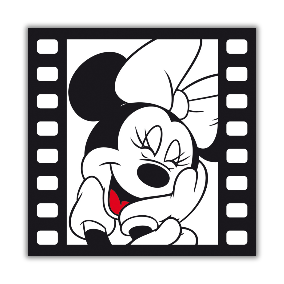 Quadro di Minnie Mouse sorridente con fiocco e bocca colorati, che esprime gioia e vivacità, perfetto per aggiungere un tocco di ottimismo e stile Disney al tuo ambiente lavorativo o domestico.