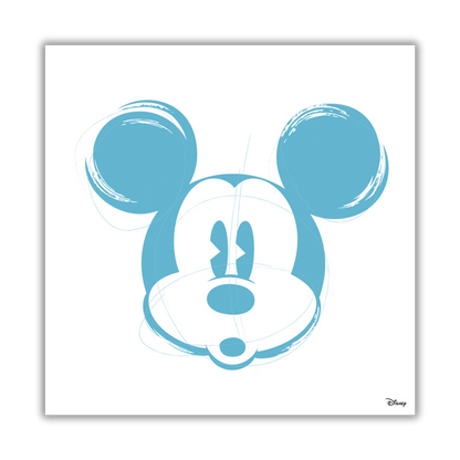 Quadro Opera d'arte 'Old Light Blue Mickey Mouse' in edizione limitata, con un ritratto stilizzato di Mickey Mouse in tonalità di azzurro chiaro, rappresentativo del patrimonio Disney, disponibile su Mycrom.art.