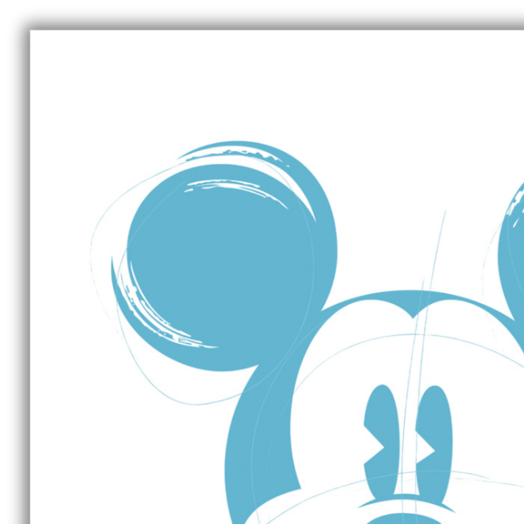 Dettaglio Quadro Opera d'arte 'Old Light Blue Mickey Mouse' in edizione limitata, con un ritratto stilizzato di Mickey Mouse in tonalità di azzurro chiaro, rappresentativo del patrimonio Disney, disponibile su Mycrom.art.
