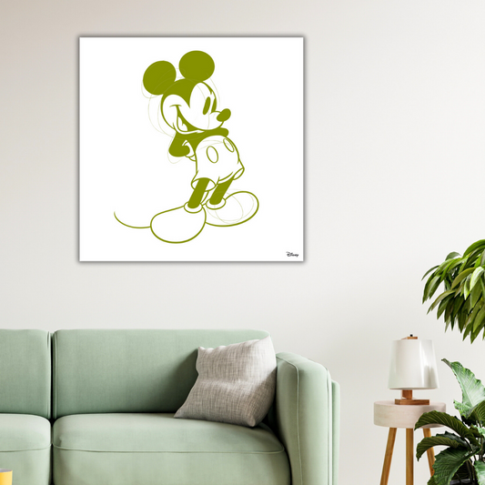 Ambientazione Quadro Opera d'arte Stylish 'Old Dark Green Mickey Mouse' art print, showcasing a modern take on the iconic Disney character in a sophisticated dark green palette.