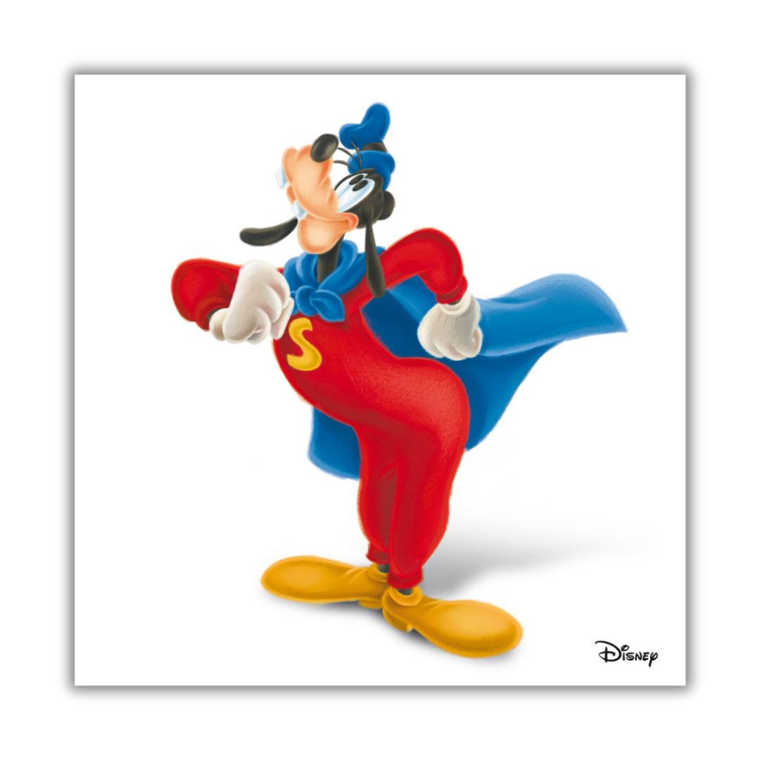 Quadro Stampa artistica di SuperPippo in posa da supereroe su sfondo bianco, per collezionisti e appassionati Disney
