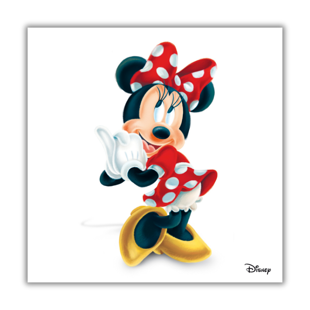 Quadro Stampa artistica di Minnie Mouse in abito a pois, simbolo di eleganza Disney, disponibile su tela e carta eco.