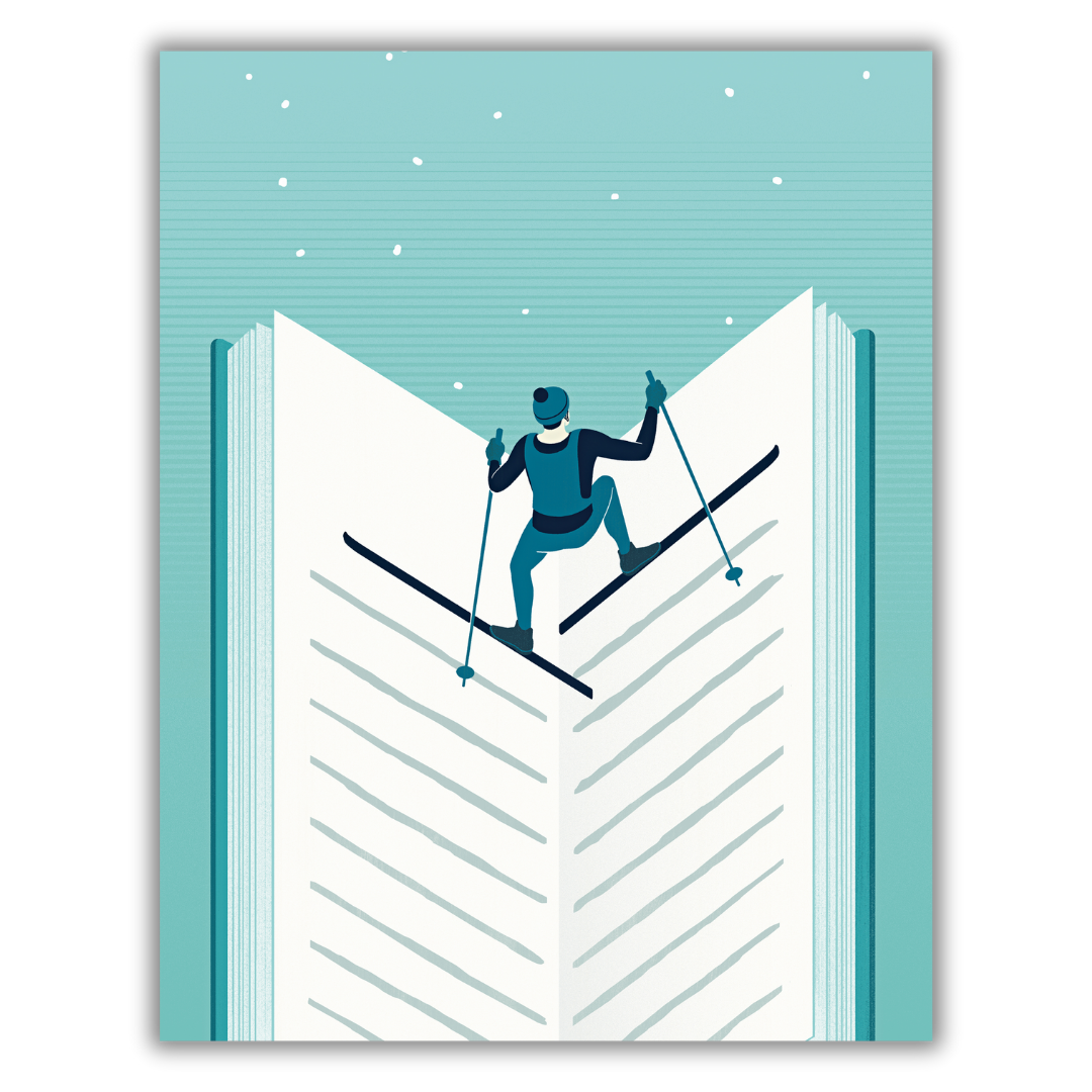Quadro Writing About Ski - un'opera d'arte originale di Joey Guidone che ritrae un sciatore in azione sulle pagine di un libro aperto, simboleggiando le storie avvincenti che si nascondono in ogni discesa innevata.