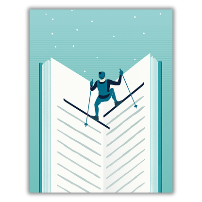 Quadro Writing About Ski - un'opera d'arte originale di Joey Guidone che ritrae un sciatore in azione sulle pagine di un libro aperto, simboleggiando le storie avvincenti che si nascondono in ogni discesa innevata.